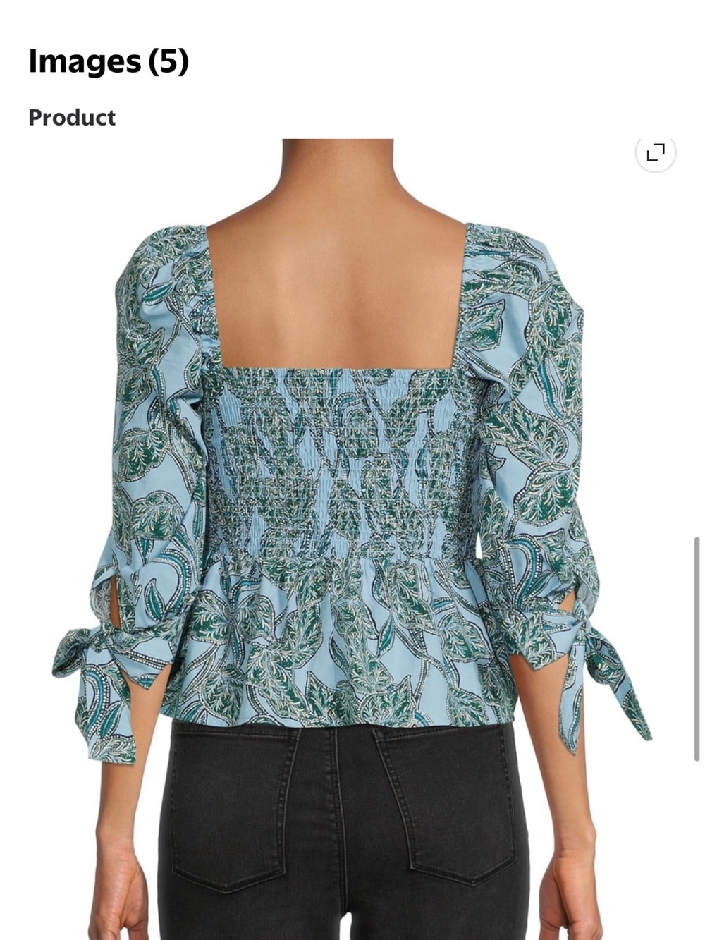 Time and Tru Blue & Green Leaf-Print Smocked Square-Neck Top